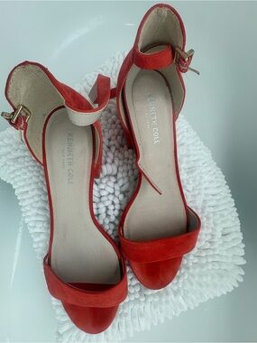 Kenneth Cole Red-Orange Open-Toe Ankle Strap Heels